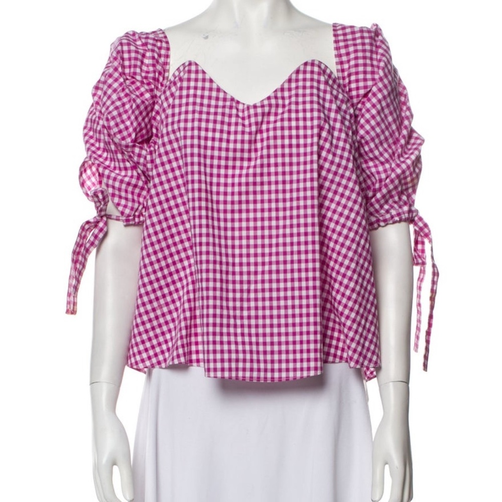 Caroline Constas Pink Gingham Off-the-Shoulders Puff-Sleeve Blouse